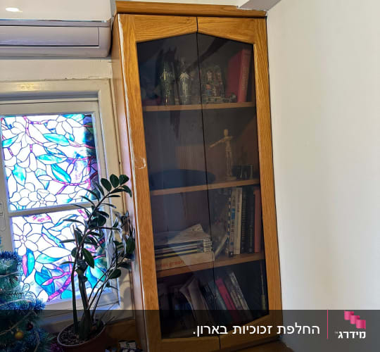 ארון עץ עם דלתות זכוכית שקופות
